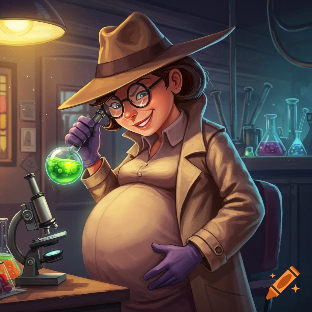 Cartoon pregnant detective in lab looking at flask