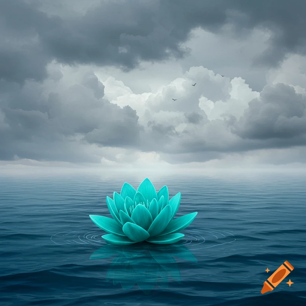A teal flower floating on water under a cloudy sky.