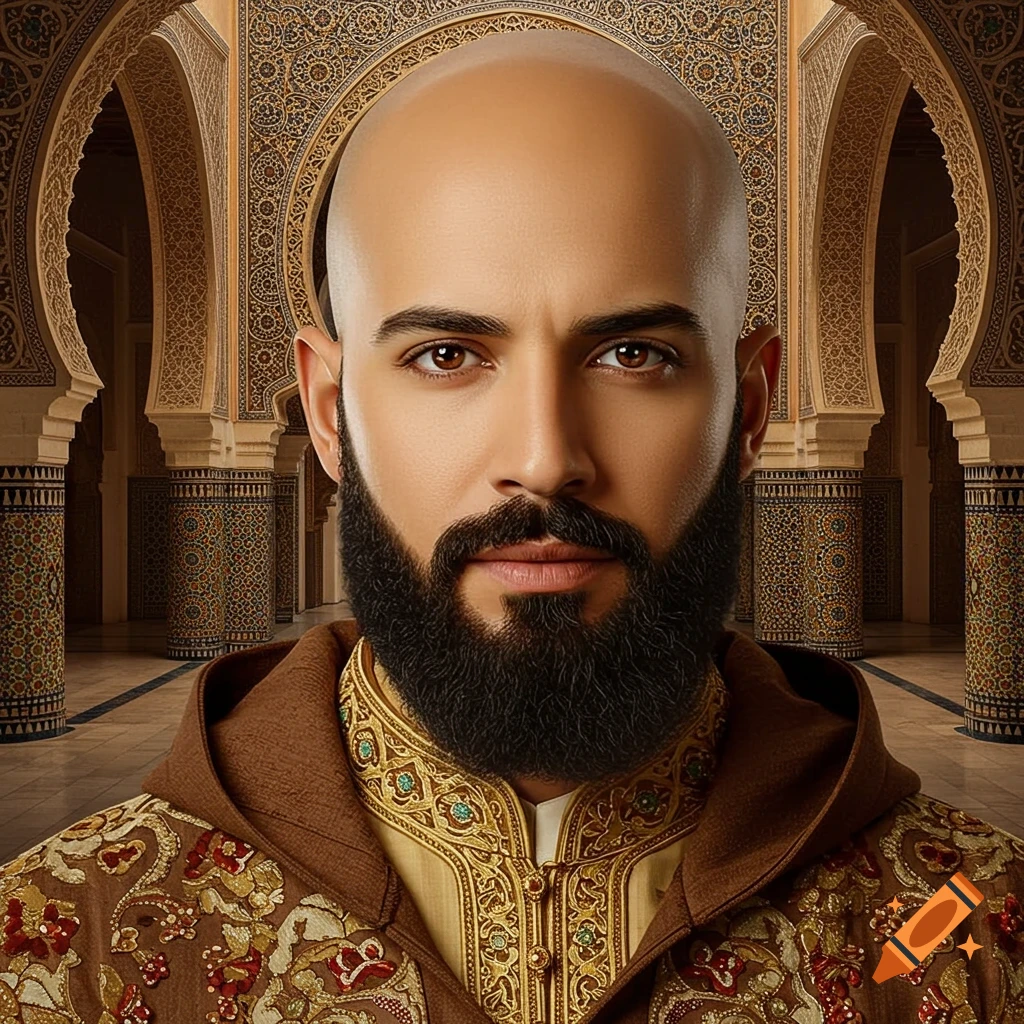 Portrait of a man in traditional Moroccan attire against ornate architecture