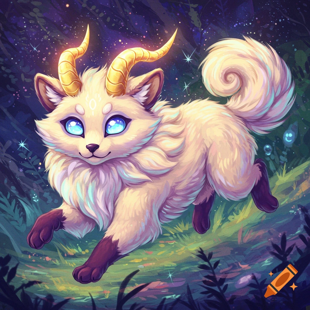 A fluffy, light-colored mythical creature with gold horns and blue eyes runs through a starry forest.