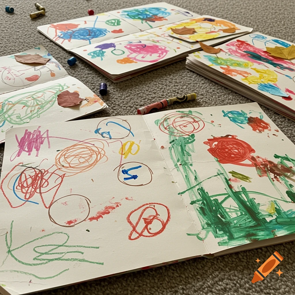 A close-up photo shows colorful scribbled pages of a children's floorbook on a carpet, with crayons scattered nearby.