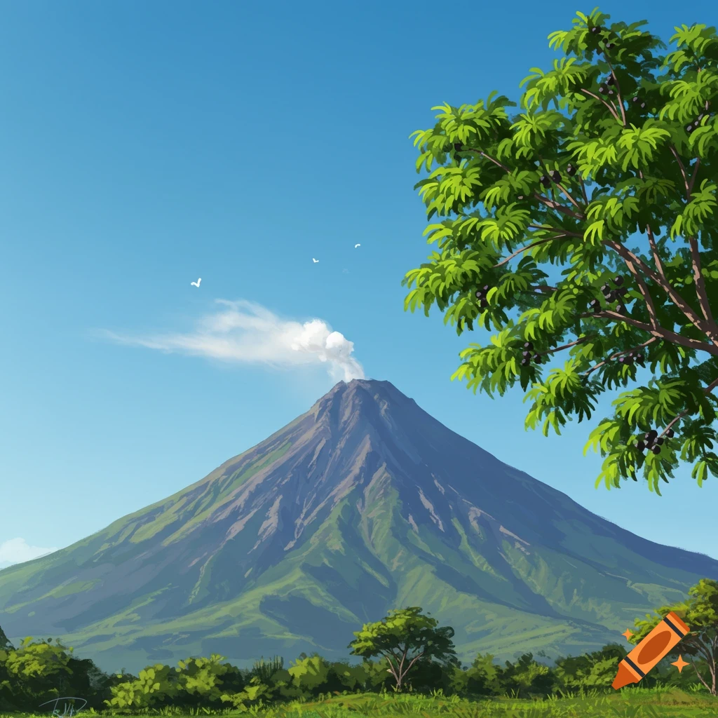 Mayon Volcano erupting smoke with a Pili nut tree in the foreground