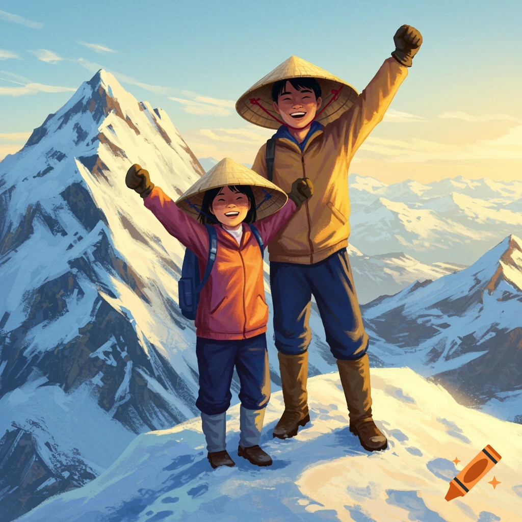 Two people in conical hats raising fists on a snowy mountain peak.