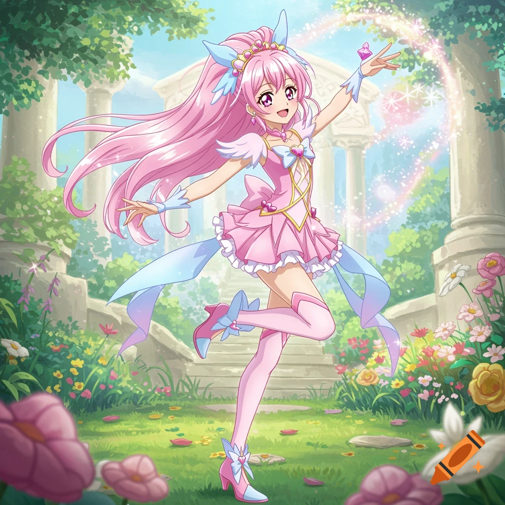 A magical anime girl with pink hair in a pink dress leaps in a garden.