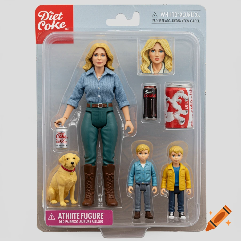 Action figure blister pack with female figure, dog, two boy figures, and cans.