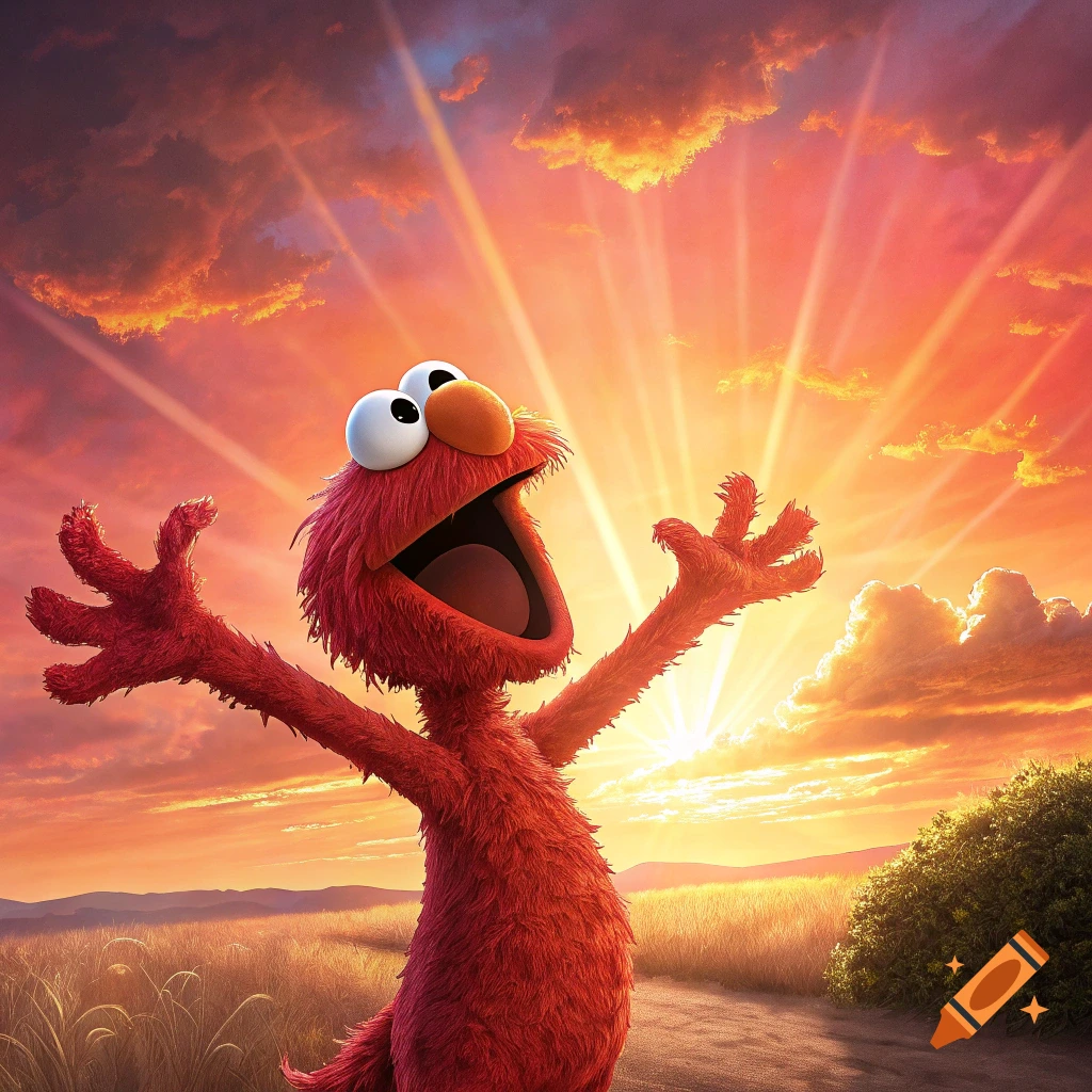 Elmo screams in a field during a vibrant sunrise