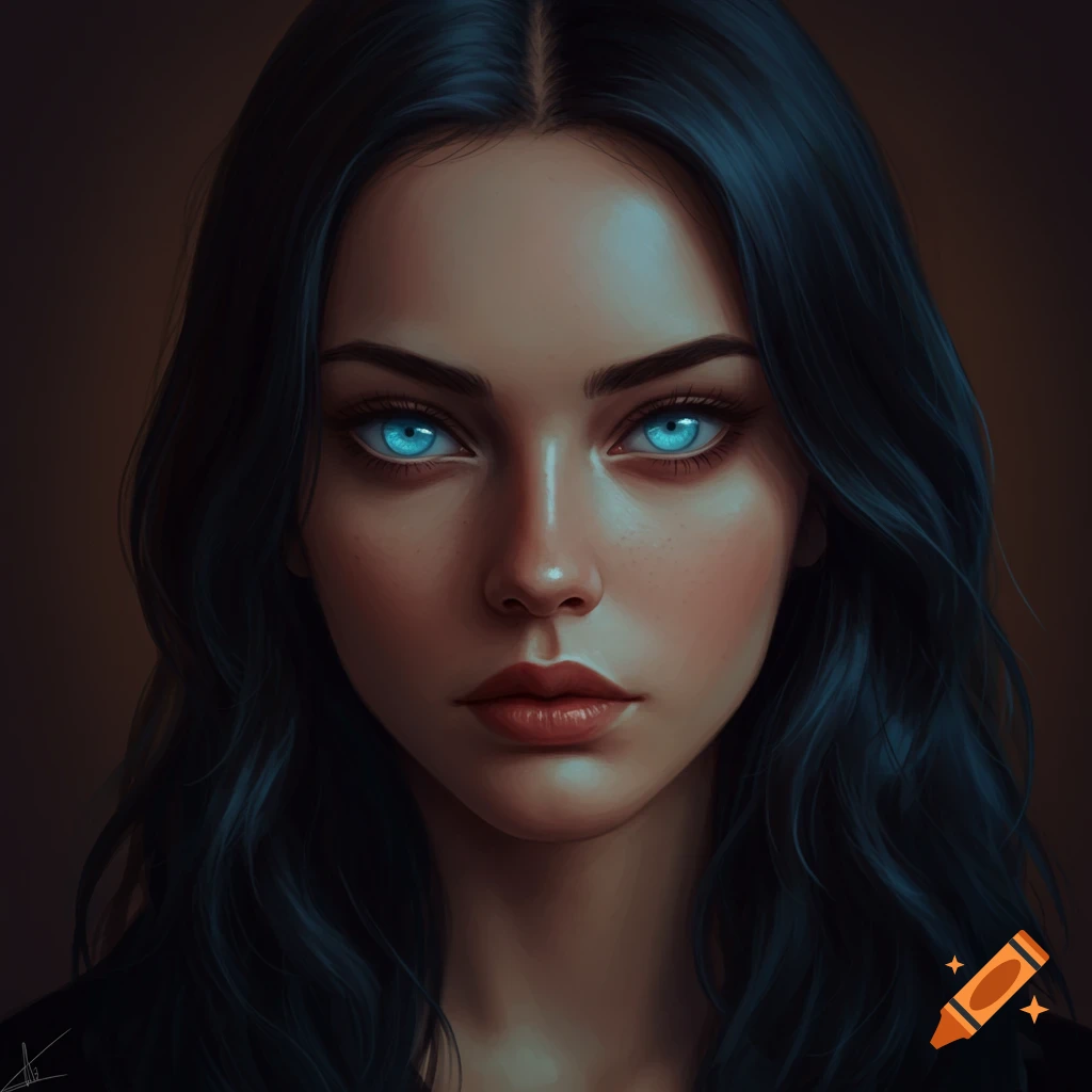 A close-up of a woman with dark hair and glowing blue eyes staring forward.