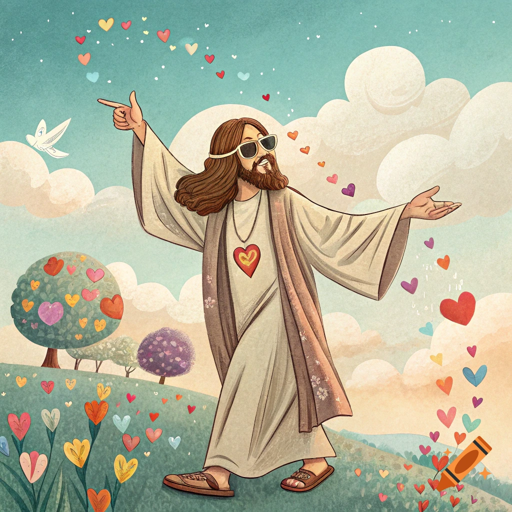 Cartoon illustration of Jesus in sunglasses on a hill with hearts and flowers