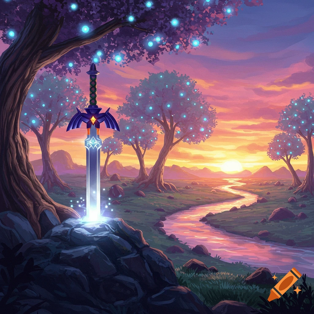 A glowing fantasy sword is stuck in a rock in a magical forest at sunset.