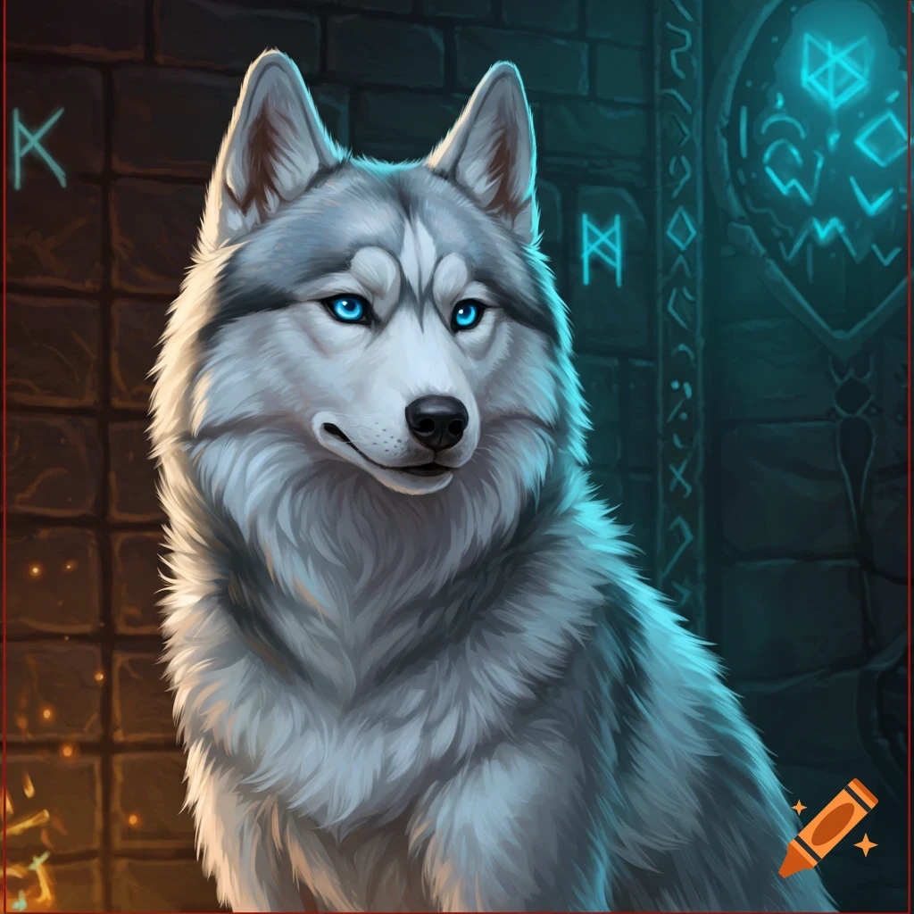 a husky with bright blue eyes against a stone wall with glowing runes.