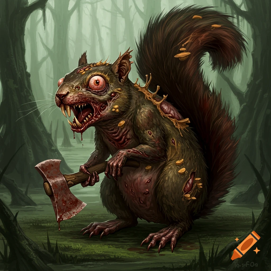 A zombified squirrel holding a bloody axe in a swamp.