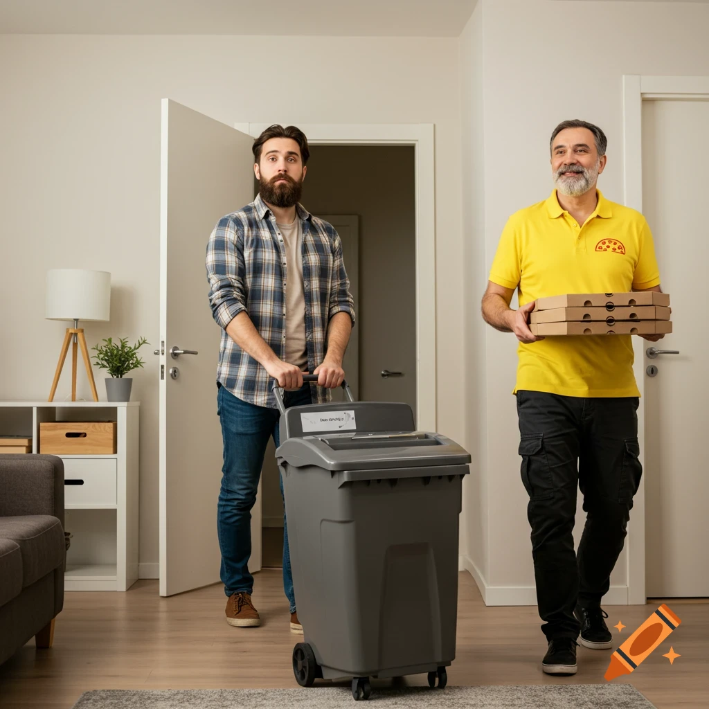 A man pushes a rolling trash bin while a pizza delivery man carries boxes into a room.
