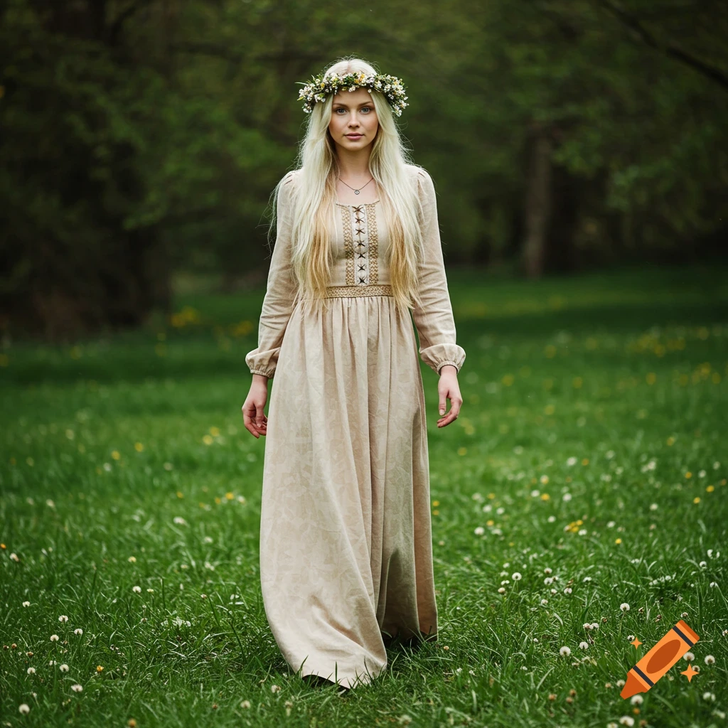 A young woman with a flower crown and long blond hair wearing a long dress stands in a green field.