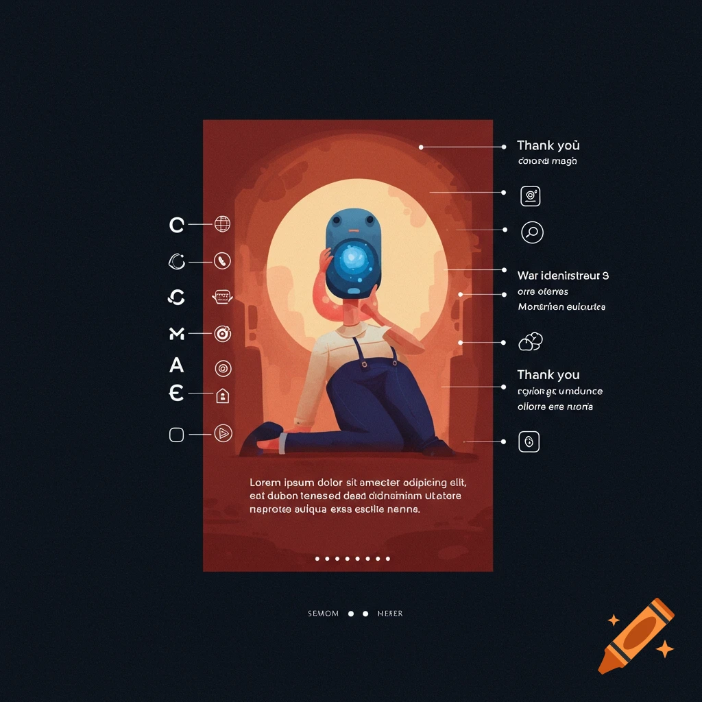 Stylized digital illustration of a person holding a camera, surrounded by lists of icons and text.