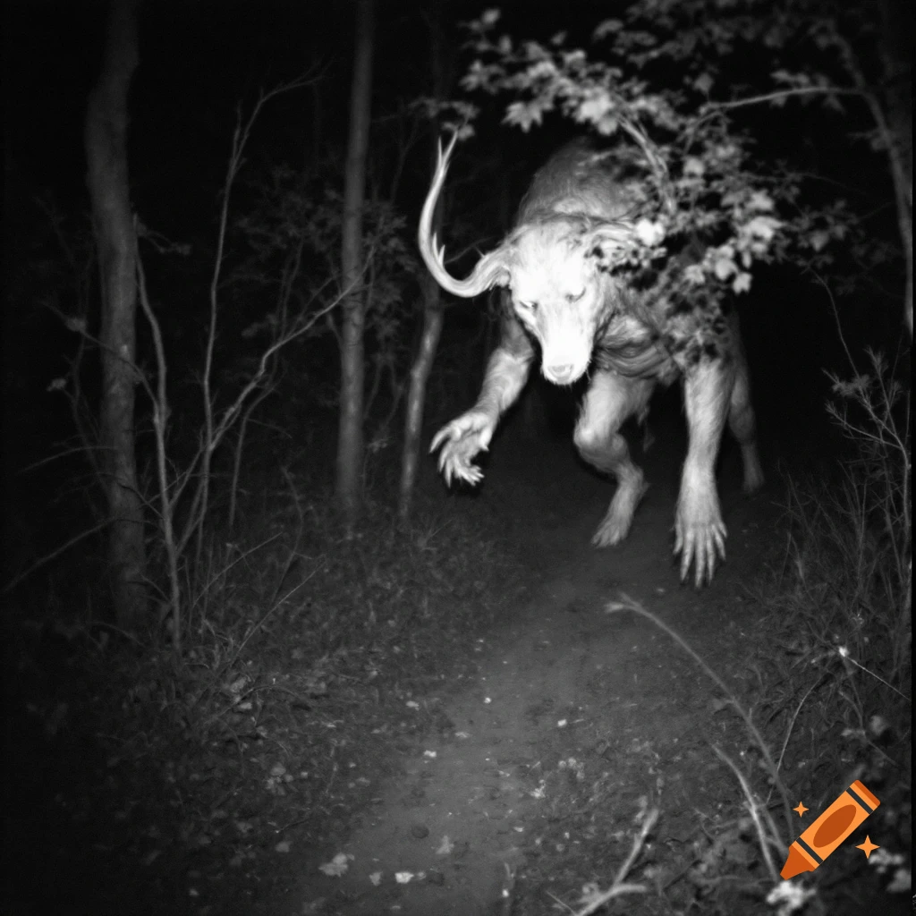 Black and white trail camera photo of a creepy horned creature in a forest at night.