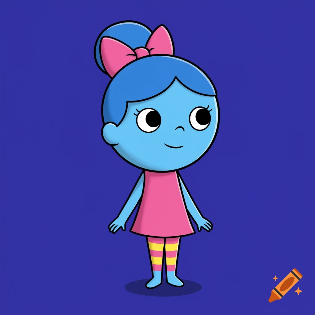 Cartoon girl with blue skin and hair bun, pink bow, pink dress, and striped yellow and pink tights.