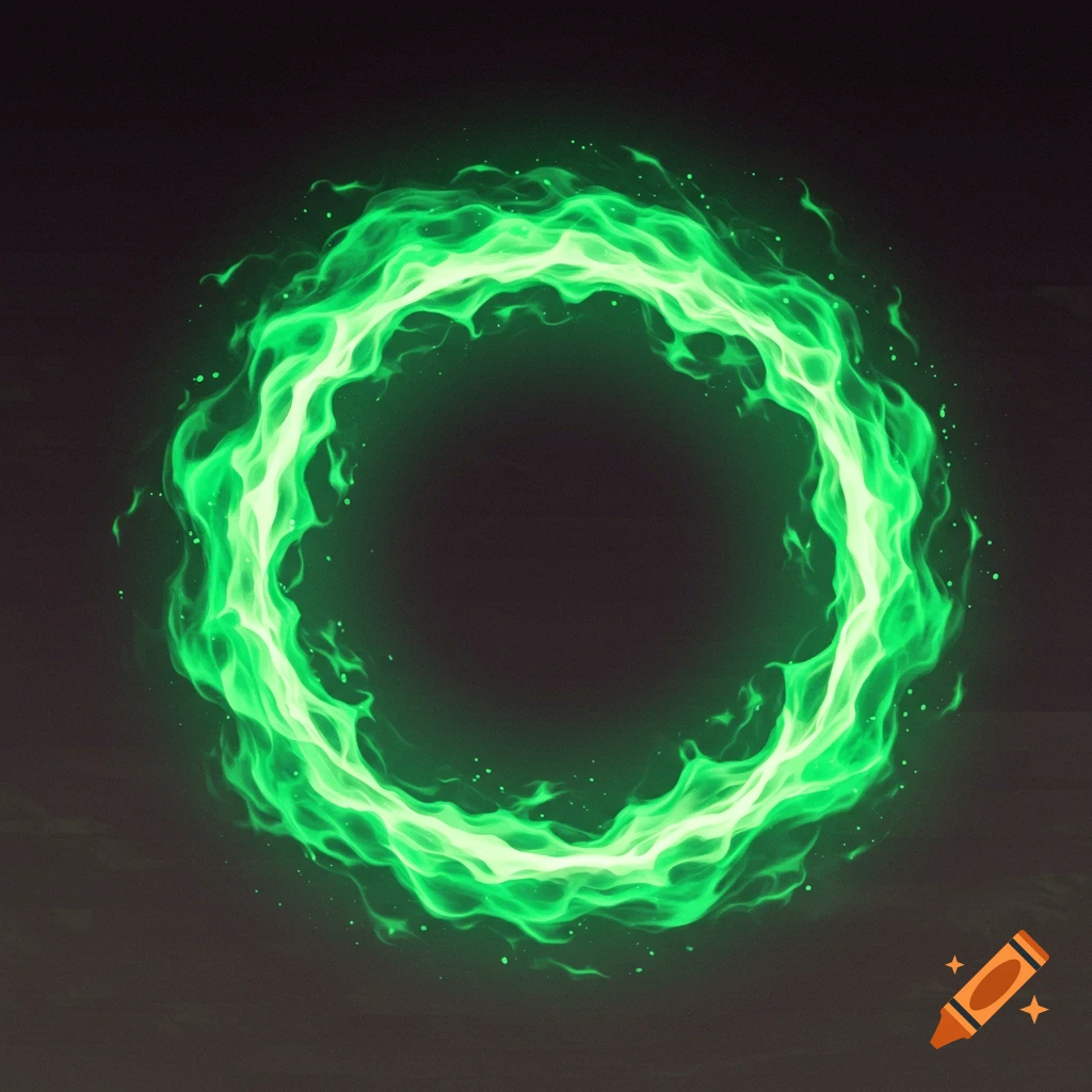 A bright green circle of fire or energy against a dark background