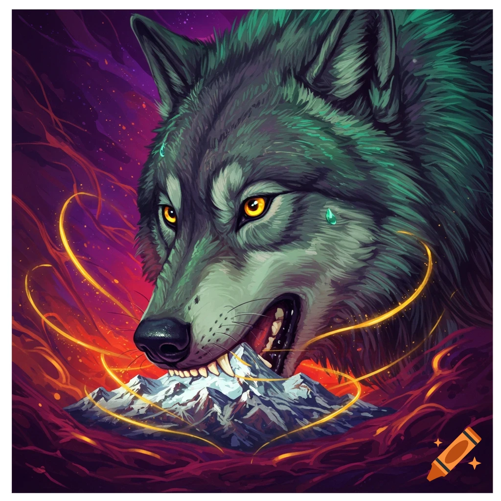 A large gray wolf with glowing yellow eyes bites a snowy mountain peak, surrounded by fiery red clouds and golden energy trails.
