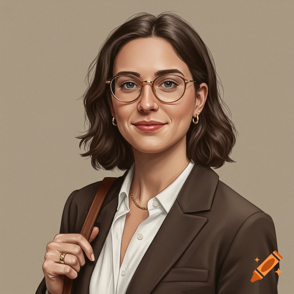 A smiling woman in glasses and a blazer carrying a bag.