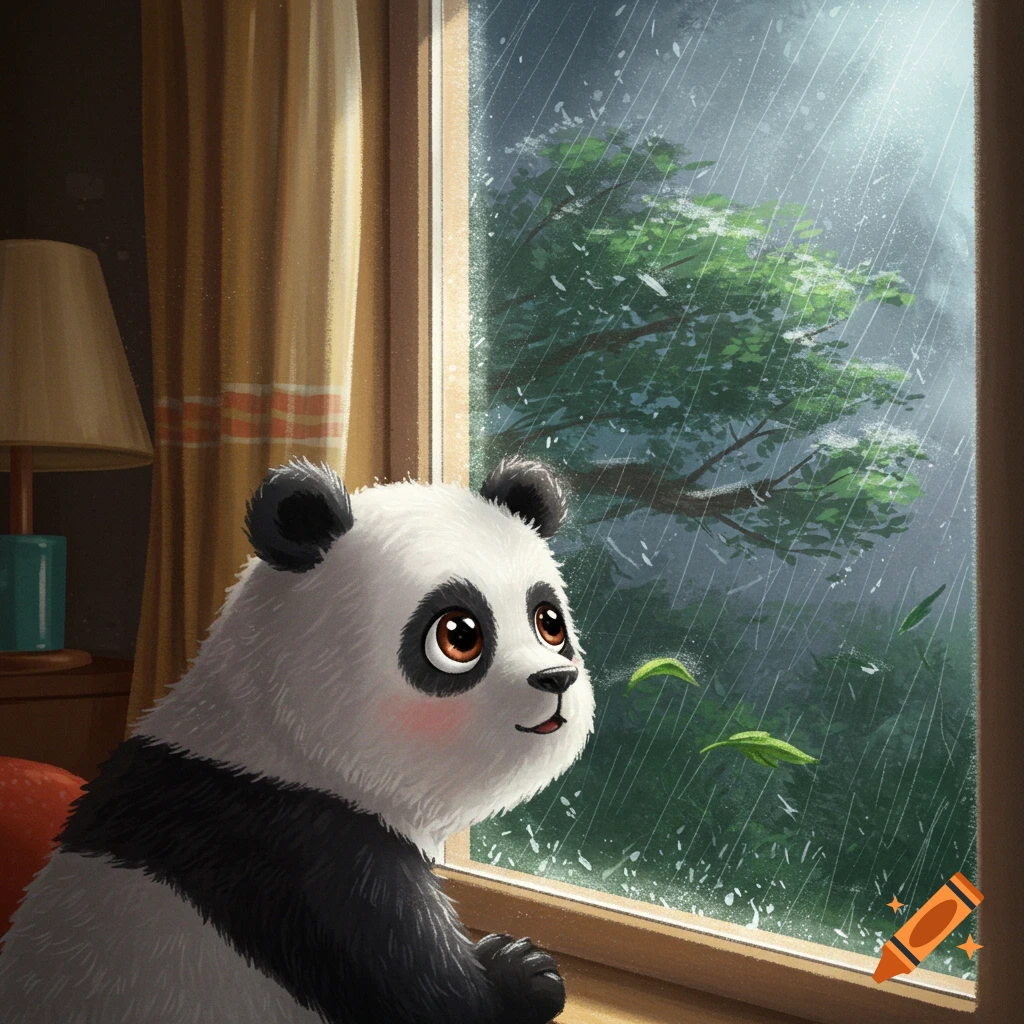 A cute panda looks out a window at heavy rain.