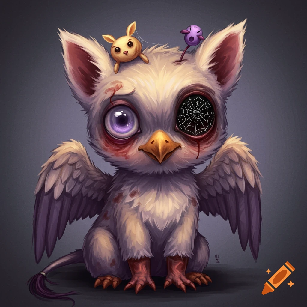 A cute, bruised griffin with a spiderweb in one eye, a purple eye, and two tiny creatures on its head.