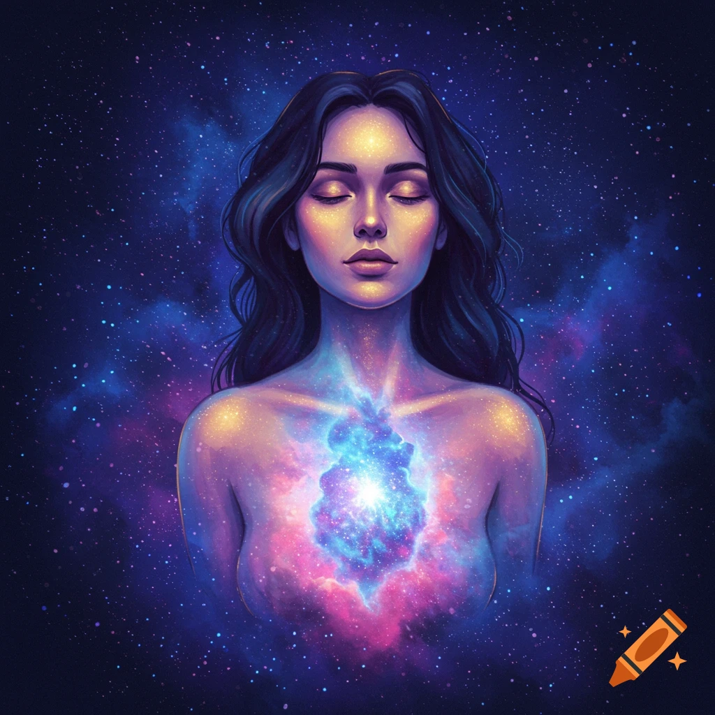A woman with glowing cosmic energy in her chest against a starry sky.