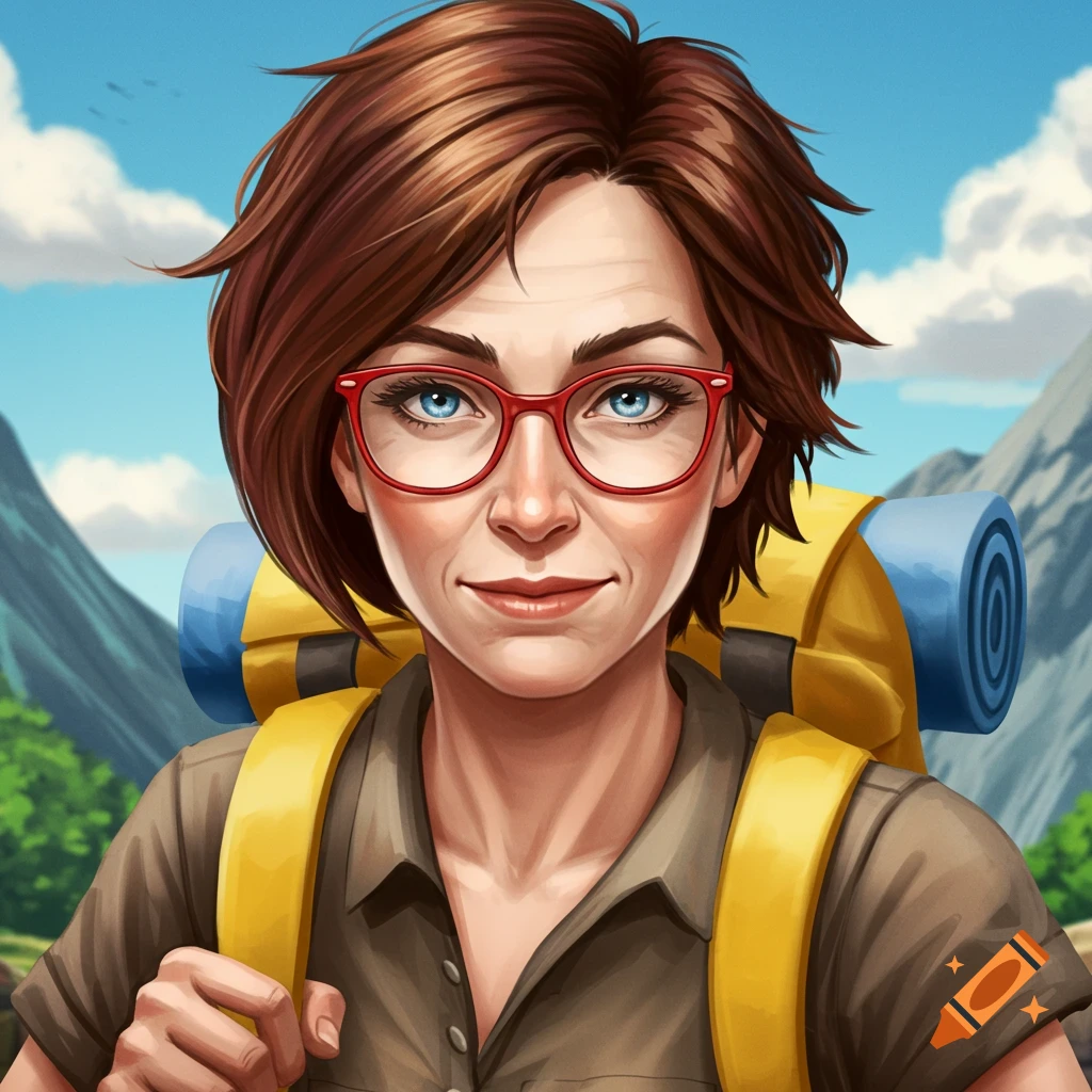 A woman traveler with red glasses and a yellow backpack in the mountains.