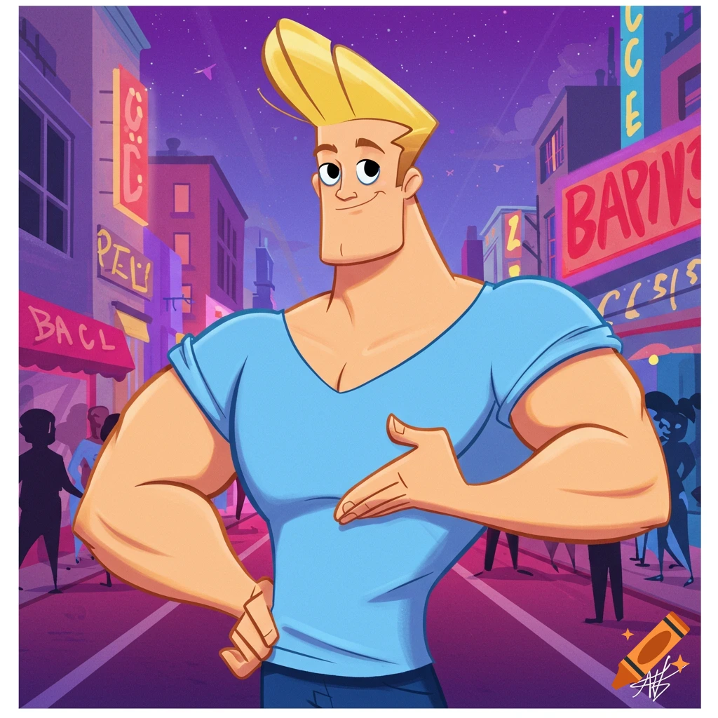 Cartoon illustration of Johnny Bravo posing confidently on a city street at night.