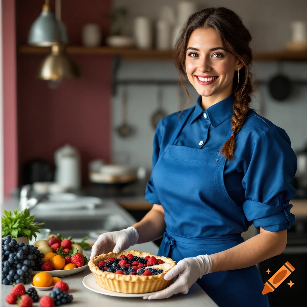 Woman in blue apron holding a berry pie in a kitchen.