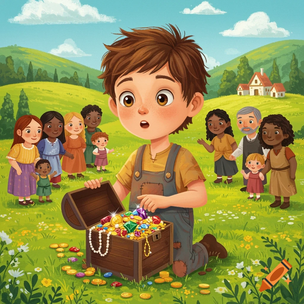 Storybook illustration of a boy opening a treasure chest, sharing with villagers in a meadow.