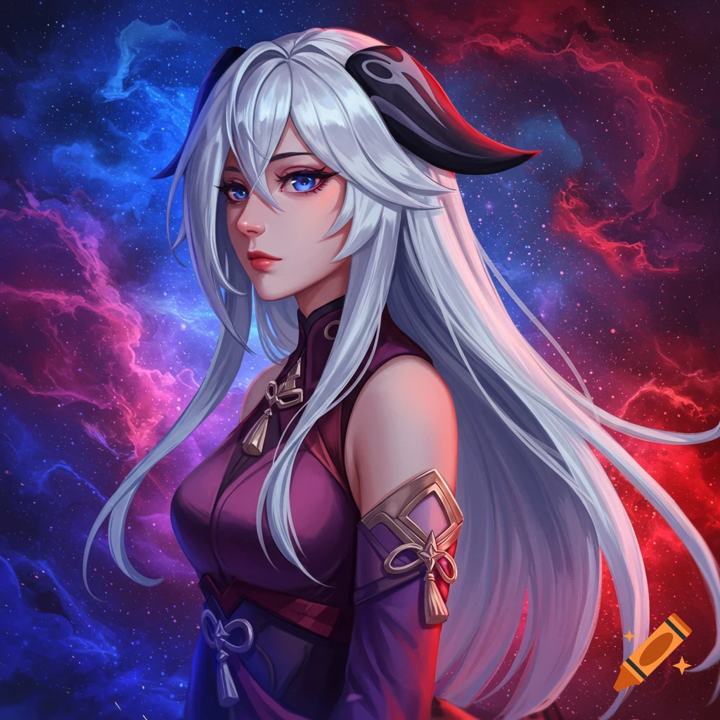 A white-haired character with horns, blue eyes, and purple clothing is set against a red and blue nebula background.
