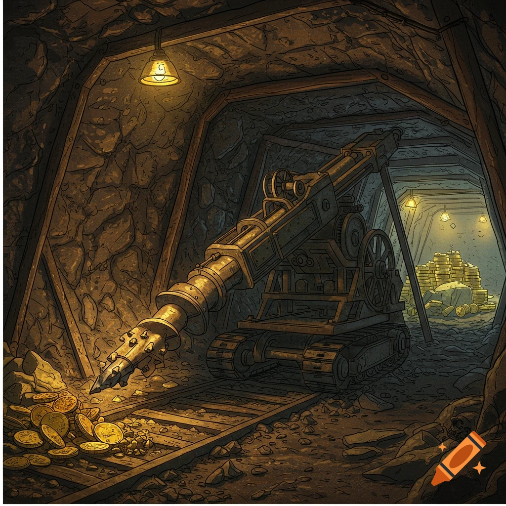 A 1900s mining drill in a dark mine tunnel with piles of gold coins on the ground.