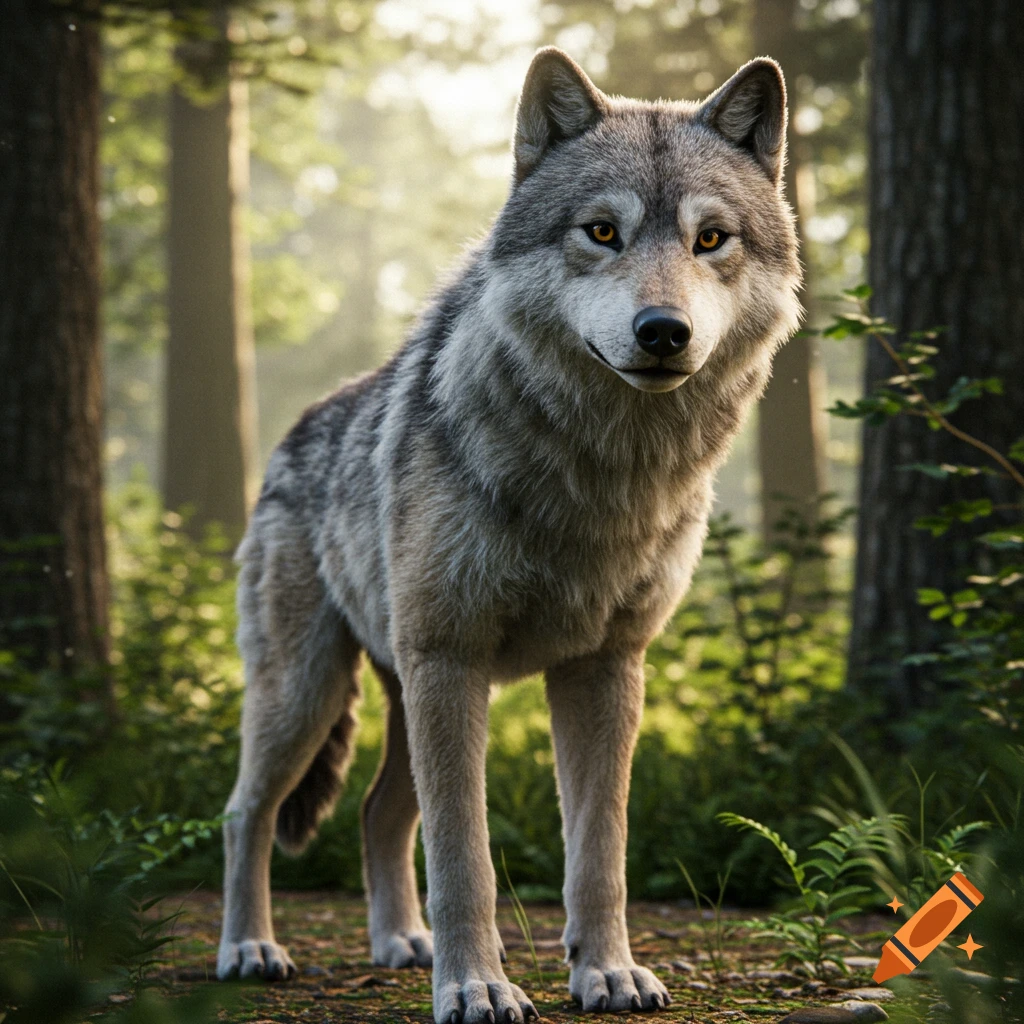 A gray wolf stands in a sunlit forest.