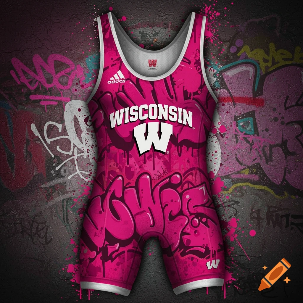 Pink wrestling singlet with graffiti art and 'Wisconsin W' logo on a graffiti background.