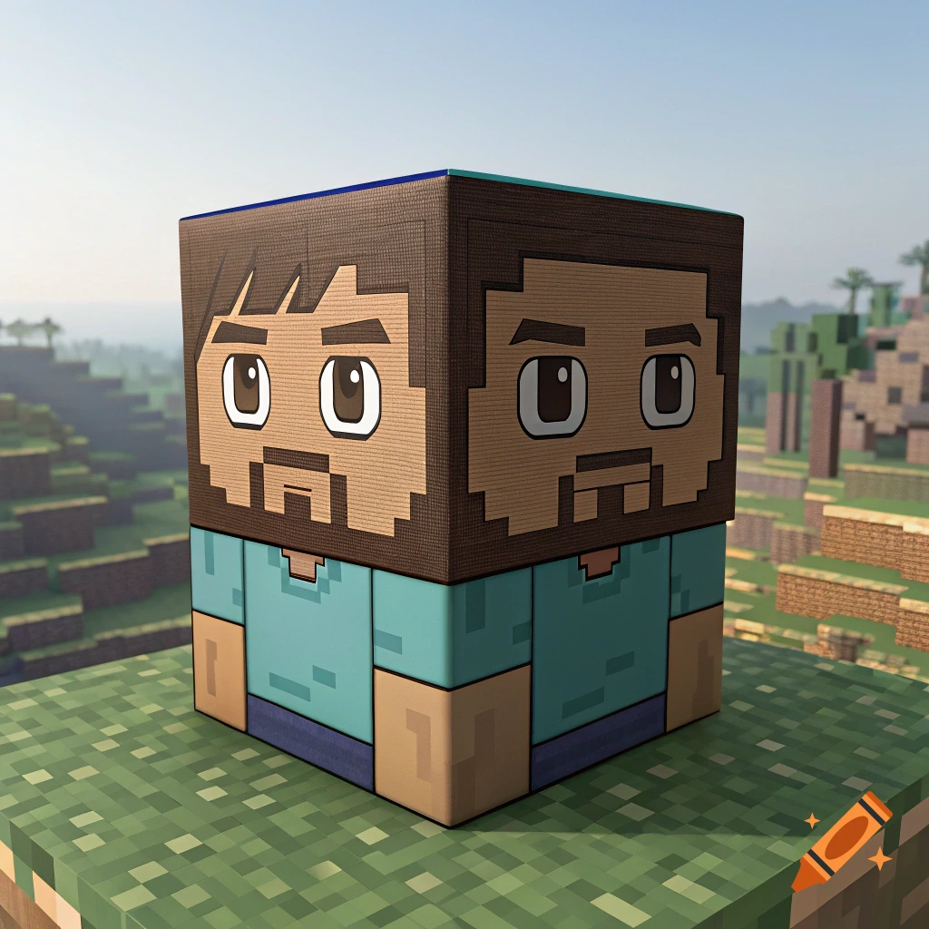 A cubic character with brown hair and beard, wearing a teal shirt, in a Minecraft-style landscape.