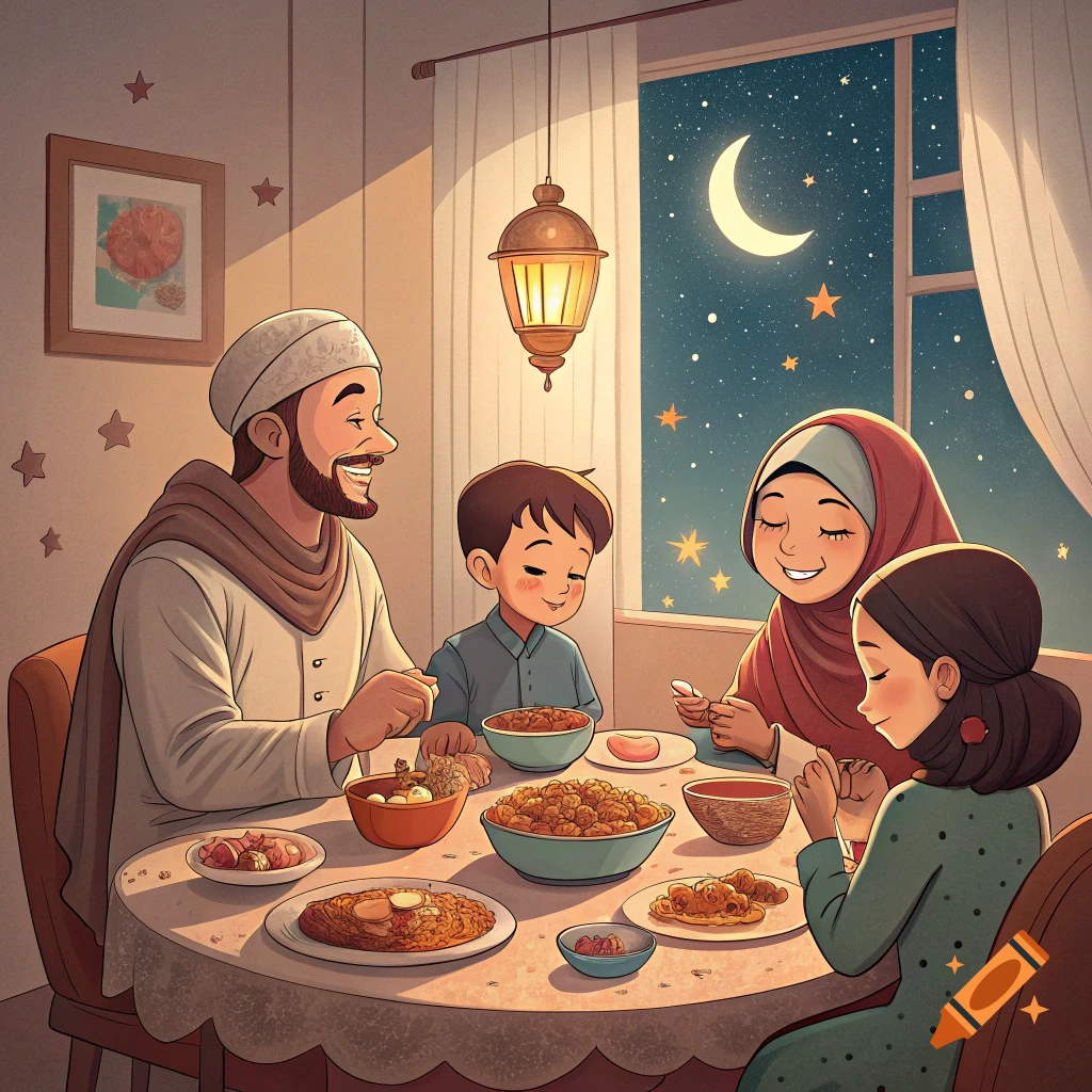 An illustrated family shares a meal at a table under a crescent moon.