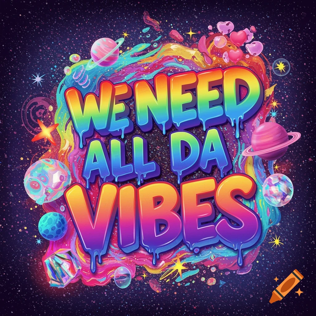 Vibrant cosmic illustration with colorful dripping text 'WE NEED ALL DA VIBES', planets, and stars.