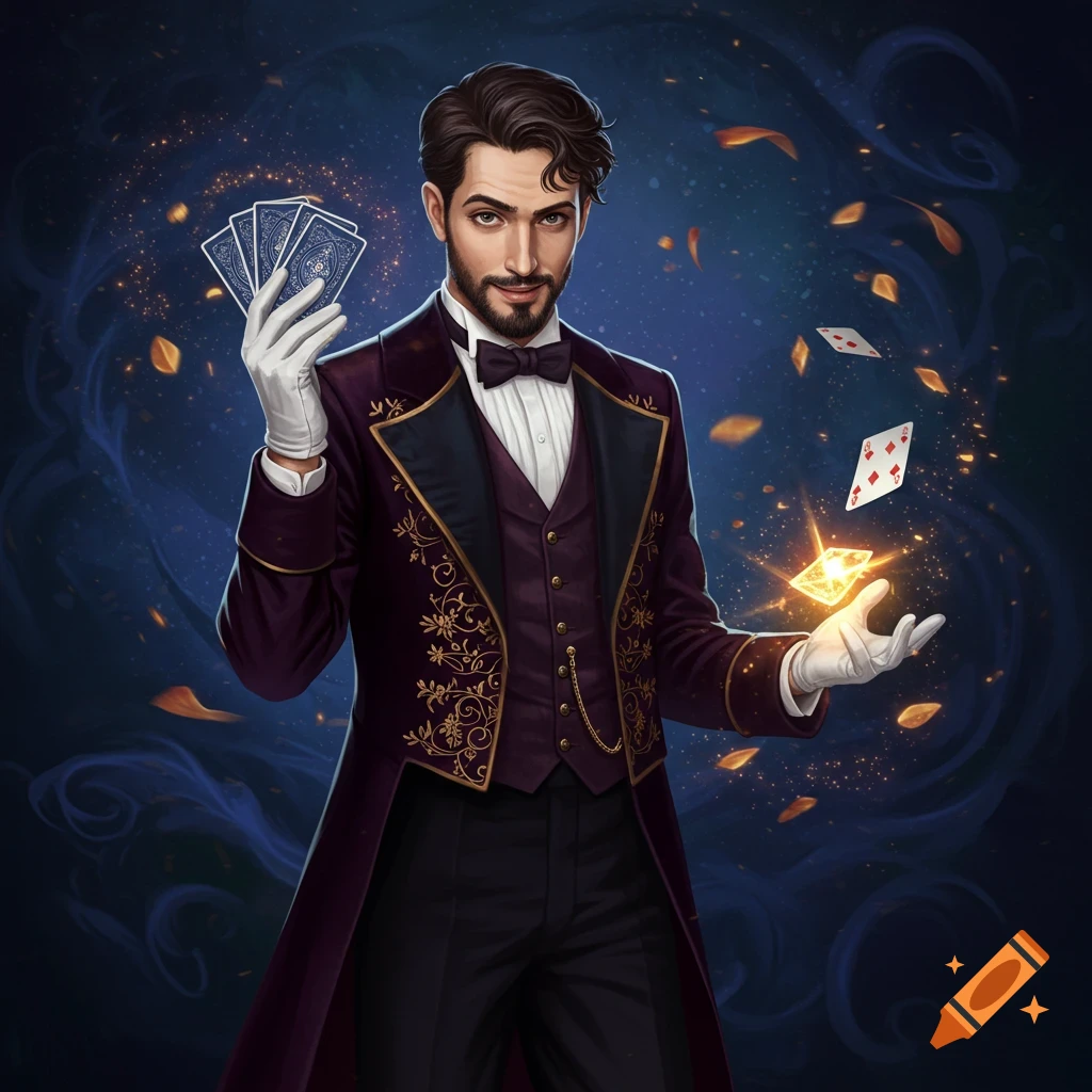A magician in a suit holding and levitating playing cards with magical effects.