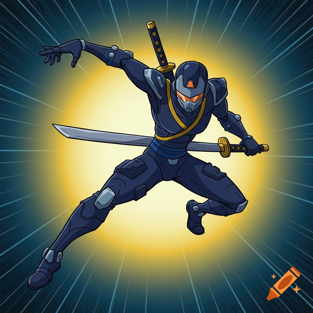 A futuristic ninja robot in a dynamic pose, like from a cartoon intro.