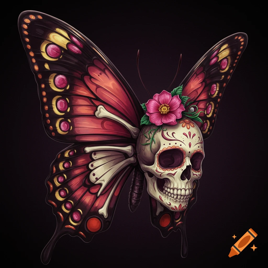 A decorative sugar skull with butterfly wings