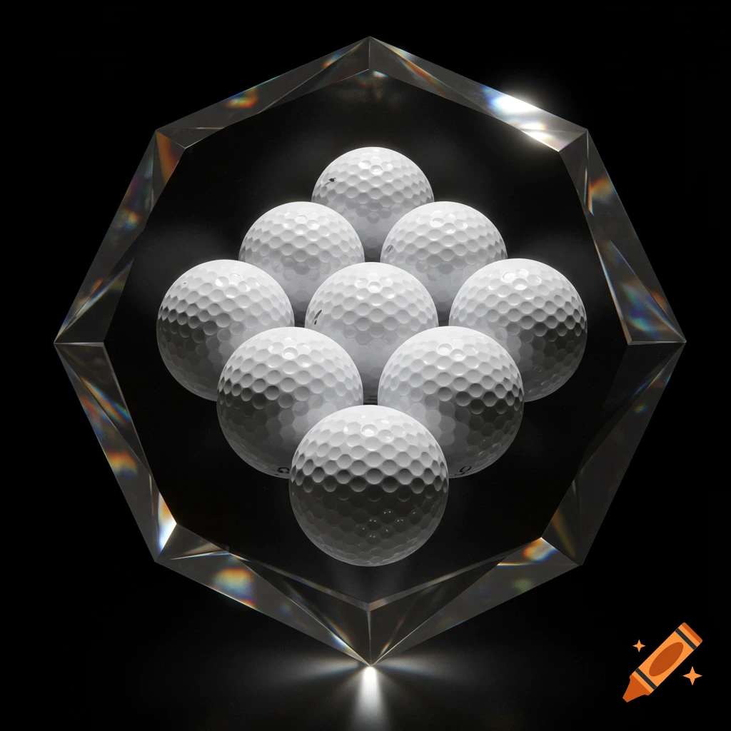 Nine white golf balls arranged in a pyramid shape inside a faceted crystal prism on a black background.