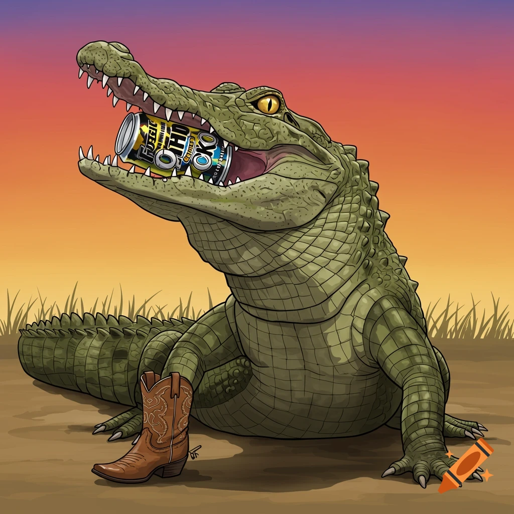 A cartoon illustration of an alligator wearing cowboy boots and biting a can.