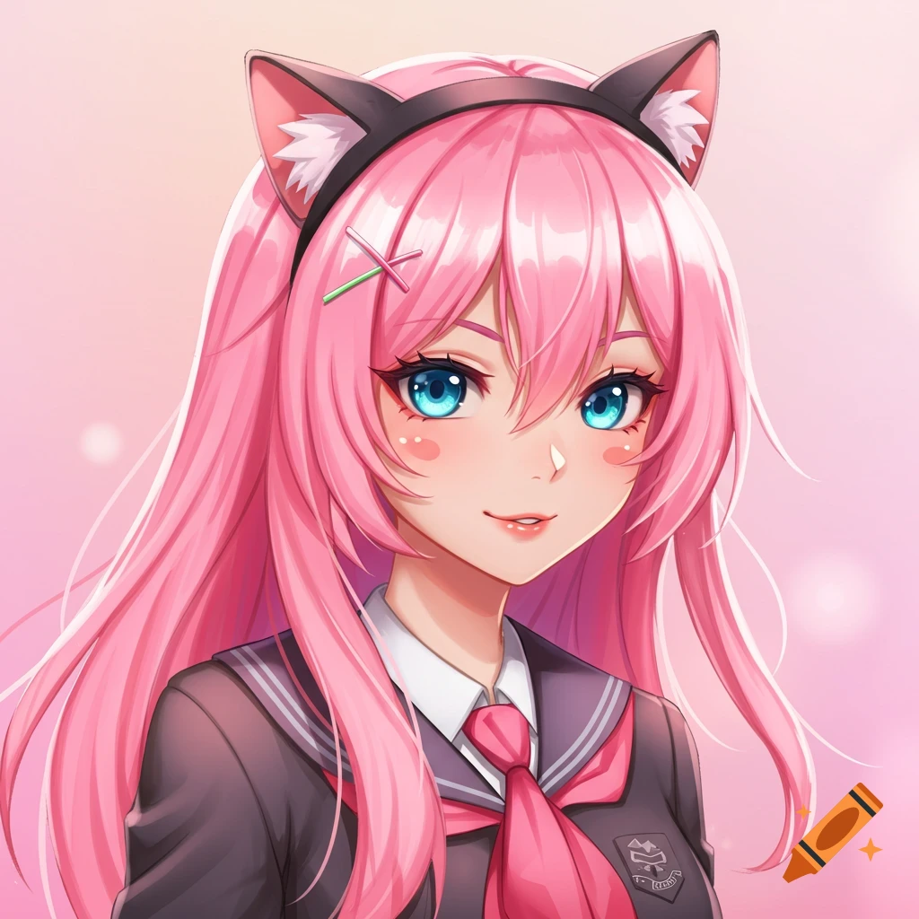 An anime portrait of a girl with pink hair, blue eyes, and cat ears wearing a school uniform.