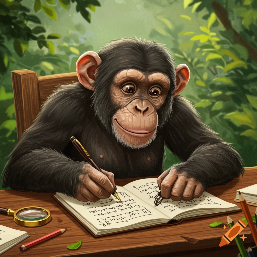 A chimpanzee sitting at a desk, writing in a notebook with a fountain pen.