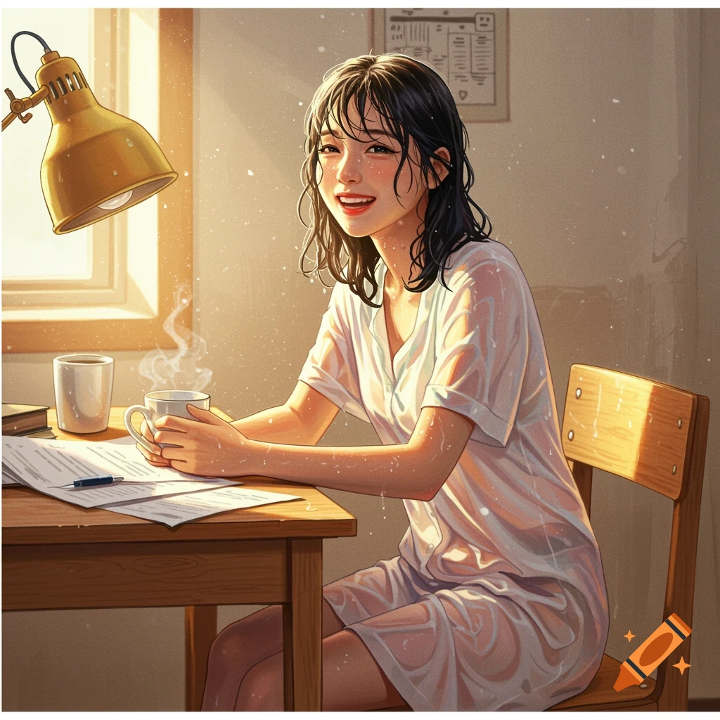 A cheerful young woman with wet hair and clothes is sitting at a desk with coffee.