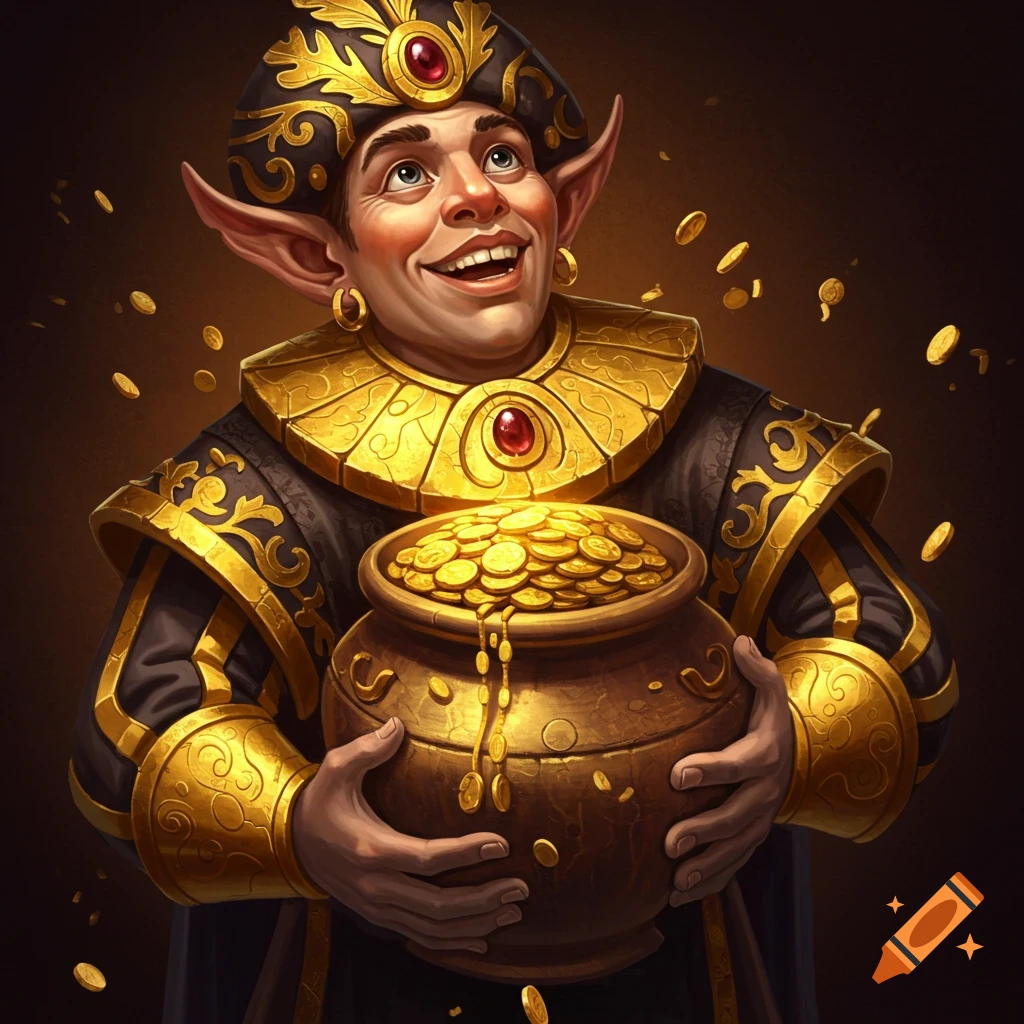 A fantasy character with pointy ears holds a pot overflowing with gold coins, surrounded by falling coins.
