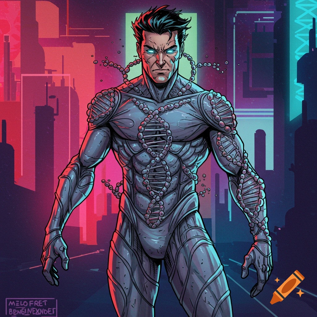 A male superhero in a DNA-patterned suit standing in a city at night, in a comic book style.