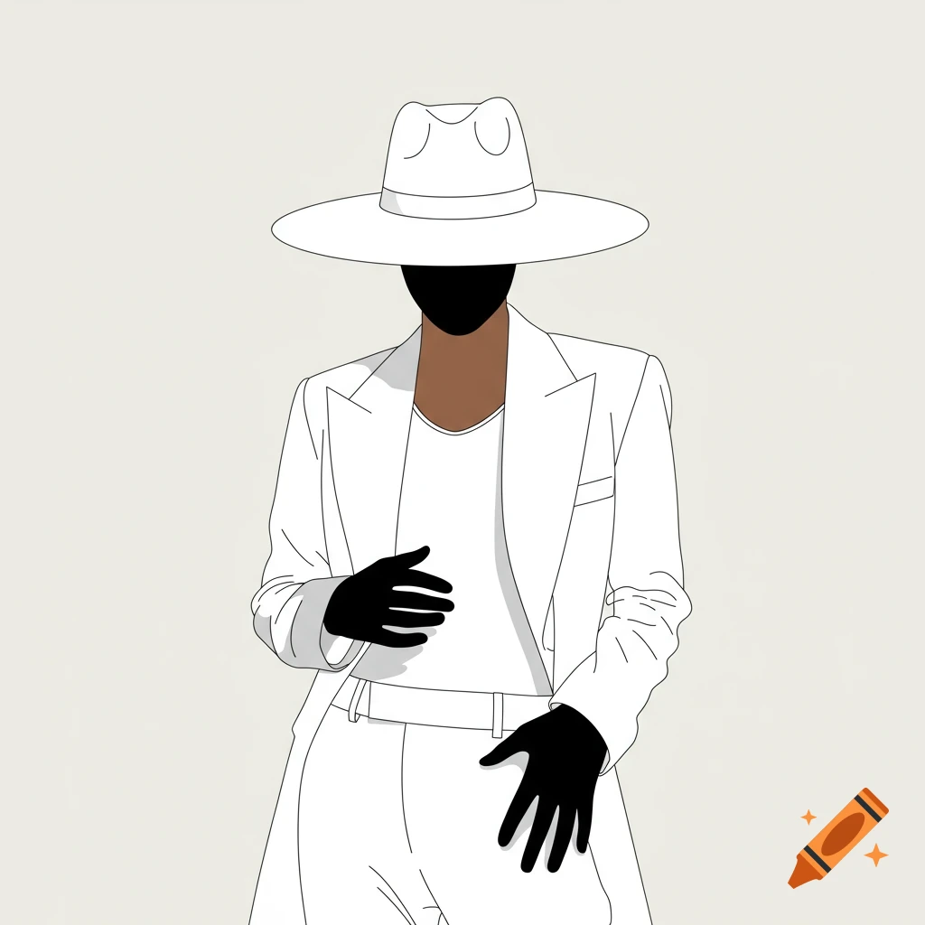 Vector illustration of a person in a white suit, white hat, and black gloves.