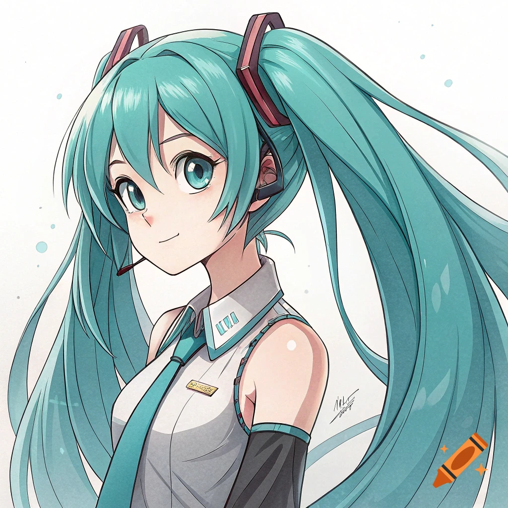 Anime portrait of Hatsune Miku with turquoise twin-tails, wearing her signature uniform.