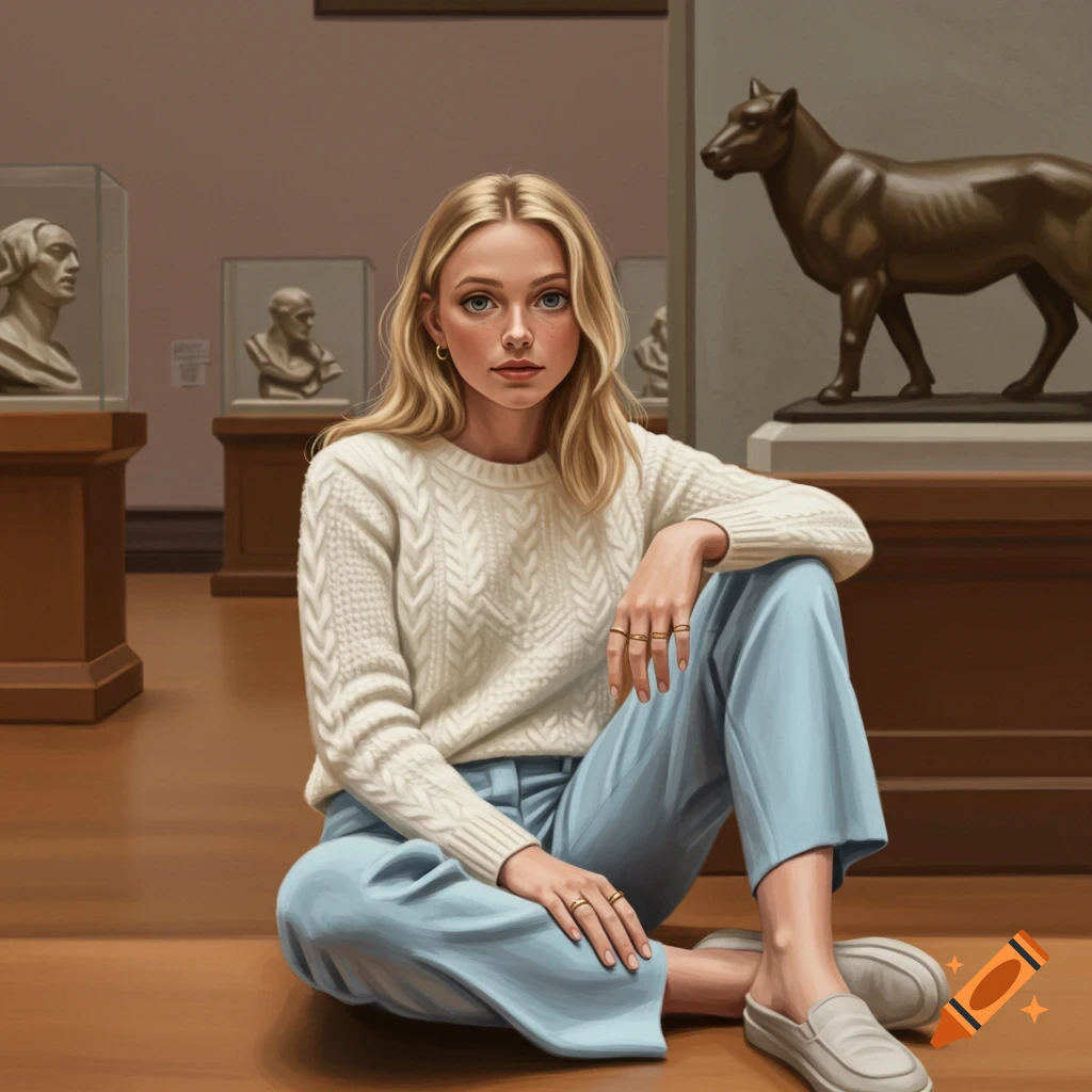 A young woman sits on the floor in a museum with busts and a statue. She wears a white sweater and blue pants.